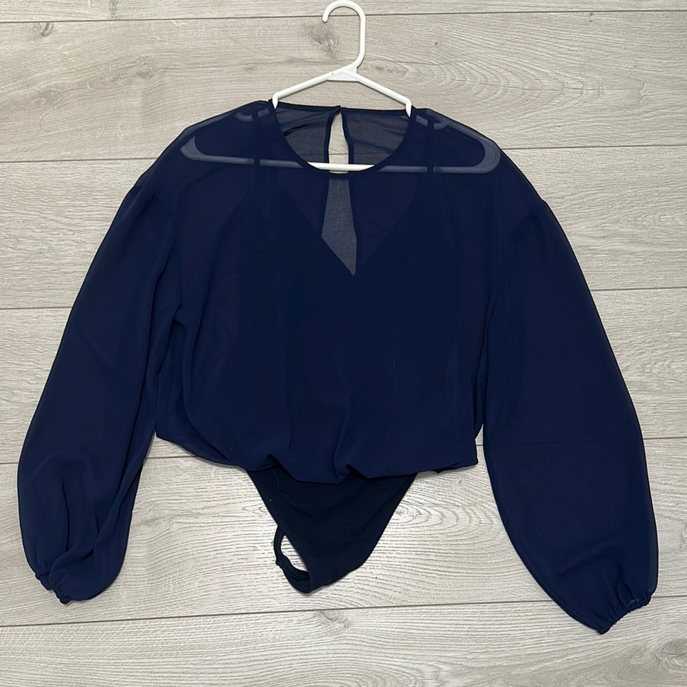 Women's Navy Long-Sleeve Sheer Bodysuit Top